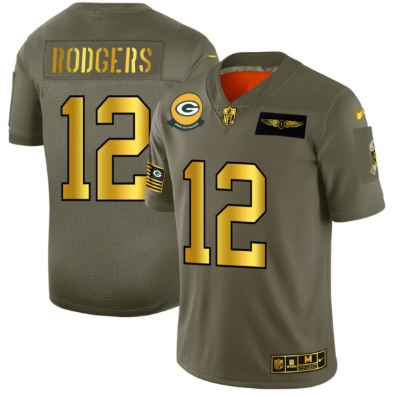 Green Bay Packers #12 Aaron Rodgers NFL Men Nike Olive Gold 2019 Salute to Service Limited Jersey