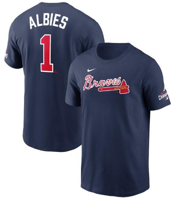 Men Atlanta Braves #1 Ozzie Albies 2021 Navy World Series Champions Player Name & Number T-Shirt