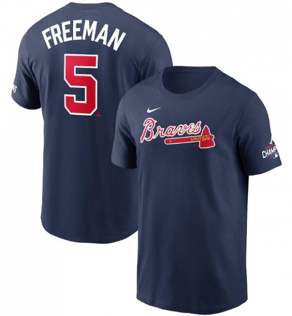 Men Atlanta Braves #5 Freddie Freeman 2021 Navy World Series Champions Player Name & Number T-Shirt