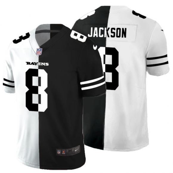 Men Baltimore Ravens #8 Lamar Jackson Black & White NFL Split Vapor Limited Stitched Jersey