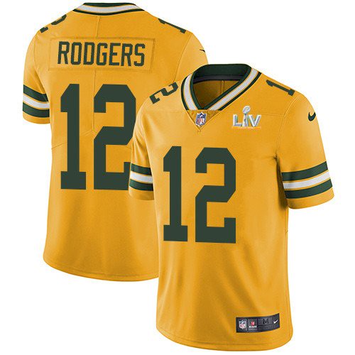 Men Green Bay Packers #12 Aaron Rodgers Gold NFL 2021 Super Bowl LV Stitched Jersey