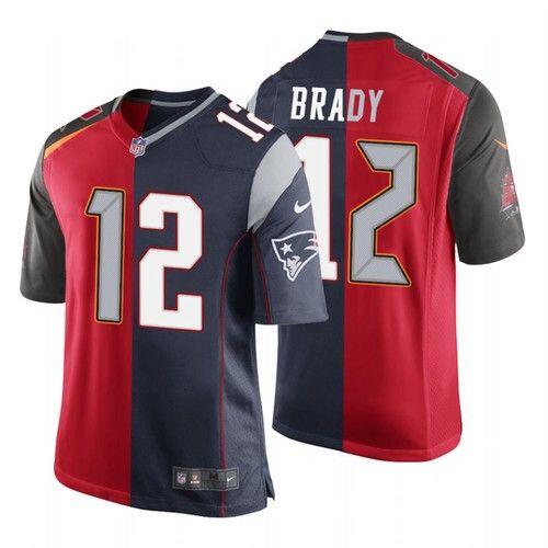 Men Tampa Bay Buccaneers #12 Tom Brady Red and Navy NFL Split GOAT Stitched Jersey