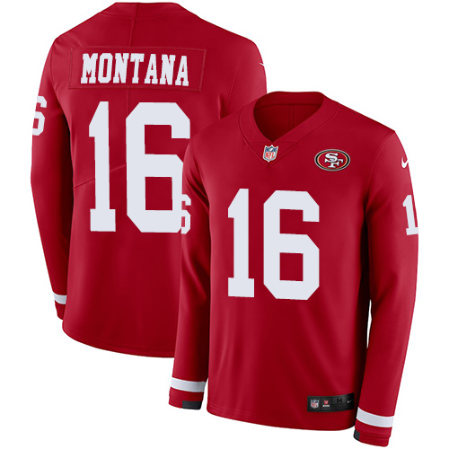 Nike 49ers #16 Joe Montana Red Team Color Men Stitched NFL Limited Therma Long Sleeve Jersey