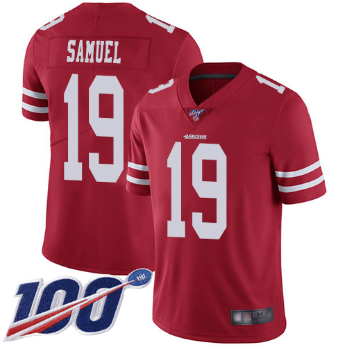 Nike 49ers #19 Deebo Samuel Red Team Color Men Stitched NFL 100th Season Vapor Limited Jersey