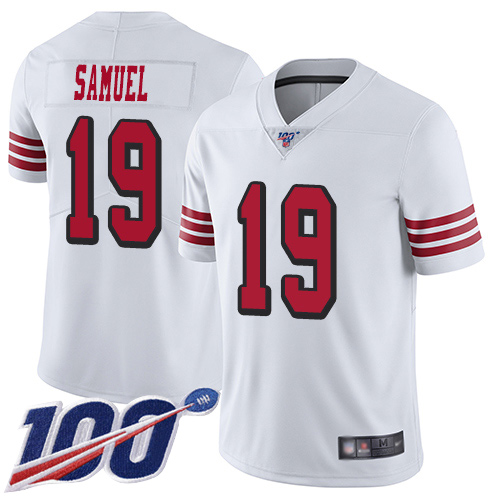 Nike 49ers #19 Deebo Samuel White Rush Men Stitched NFL Limited 100th Season Jersey
