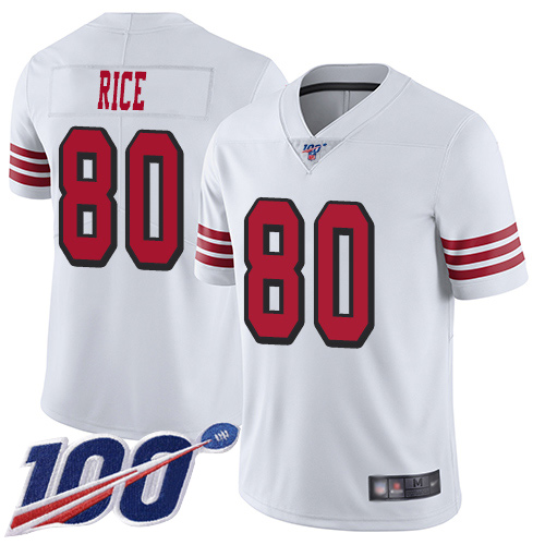 Nike 49ers #80 Jerry Rice White Rush Men Stitched NFL Limited 100th Season Jersey
