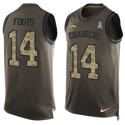 Nike Chargers #14 Dan Fouts Green Men Stitched NFL Limited Salute To Service Tank Top Jersey