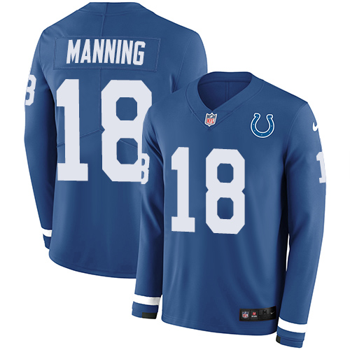 Nike Colts #18 Peyton Manning Royal Blue Team Color Men Stitched NFL Limited Therma Long Sleeve Jersey