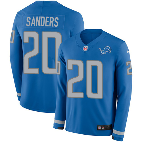 Nike Lions #20 Barry Sanders Blue Team Color Men Stitched NFL Limited Therma Long Sleeve Jersey