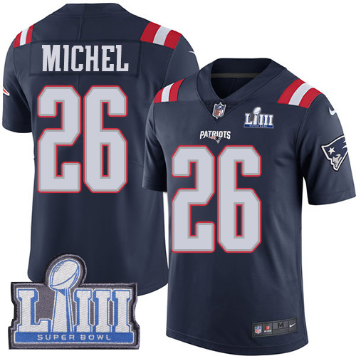 Nike Patriots #26 Sony Michel Navy Blue Super Bowl LIII Bound Men Stitched NFL Limited Rush Jersey