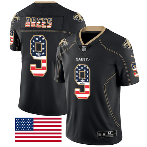 Nike Saints #9 Drew Brees Black Men Stitched NFL Limited Rush USA Flag Jersey