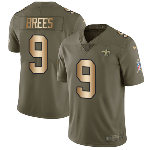 Nike Saints #9 Drew Brees Olive/Gold Men Stitched NFL Limited 2017 Salute To Service Jersey