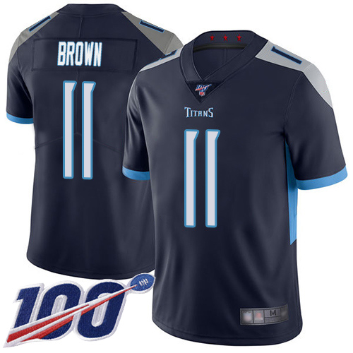 Nike Titans #11 A.J. Brown Navy Blue Team Color Men Stitched NFL 100th Season Vapor Limited Jersey