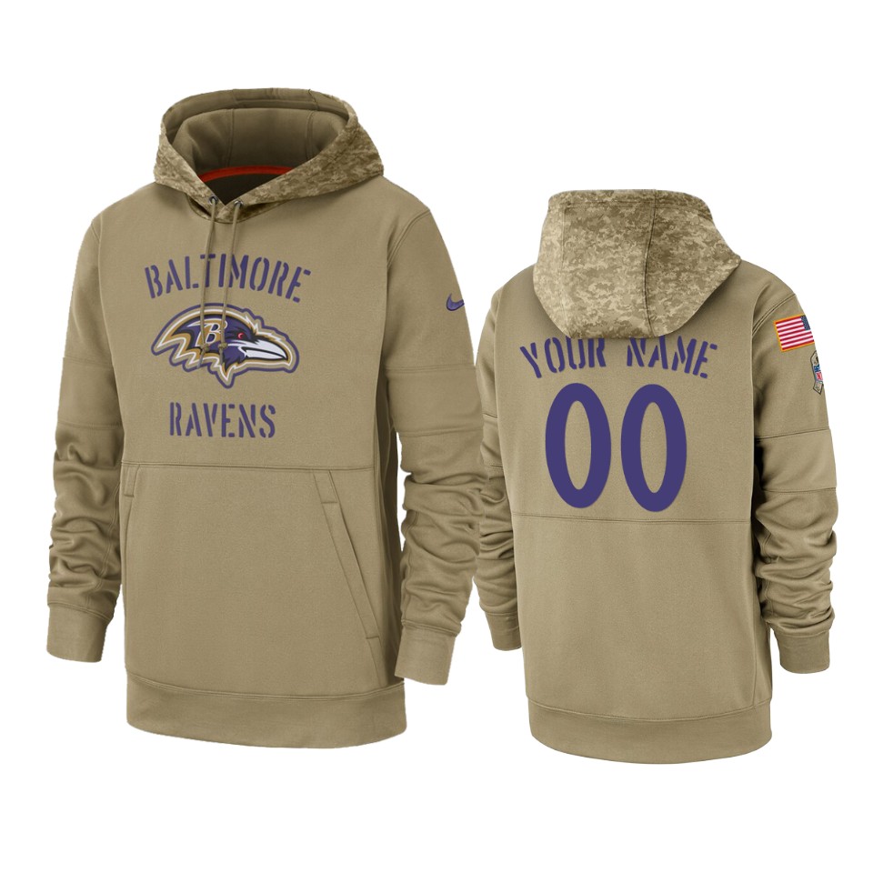 Baltimore Ravens Customized Tan 2019 Salute To Service Sideline Therma Pullover Hoodie (Check Description If You Want Women Size)