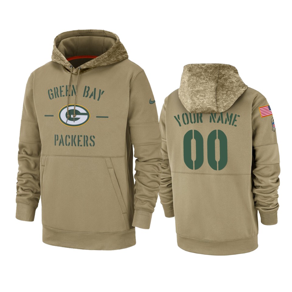 Green Bay Packers Customized Tan 2019 Salute To Service Sideline Therma Pullover Hoodie (Check Description If You Want Women Size)