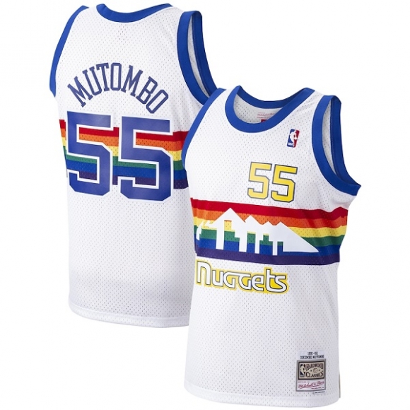 Men Denver Nuggets #55 Dikembe Mutombo 1991-92 White Mitchell & Ness Stitched Jersey