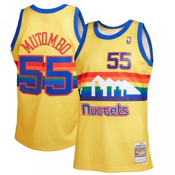 Men Denver Nuggets #55 Dikembe Mutombo 1991-92 Yellow Mitchell & Ness Stitched Jersey