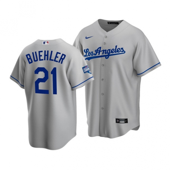 Men Los Angeles Dodgers #21 Walker Buehler Grey 2020 World Series Champions Home Patch Cool Base Stitched MLB Jersey