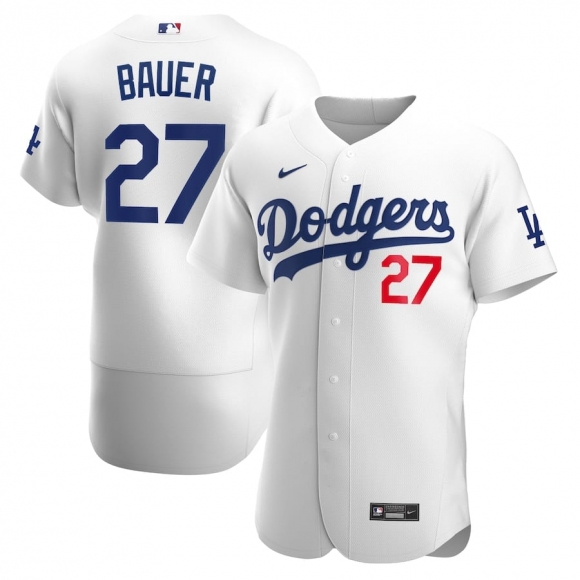 Men Los Angeles Dodgers #27 Trevor Bauer White MLB flex base Sttiched Jersey