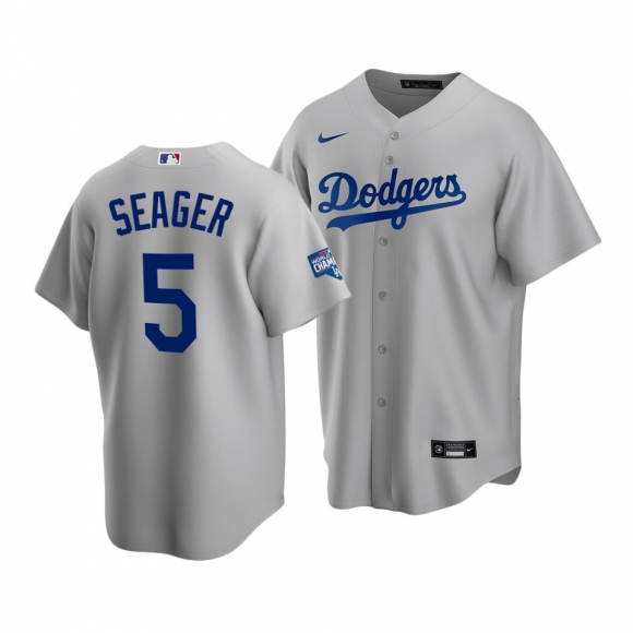Men Los Angeles Dodgers #5 Corey Seager Grey 2020 World Series Champions Home Patch Cool Base Stitched MLB Jersey