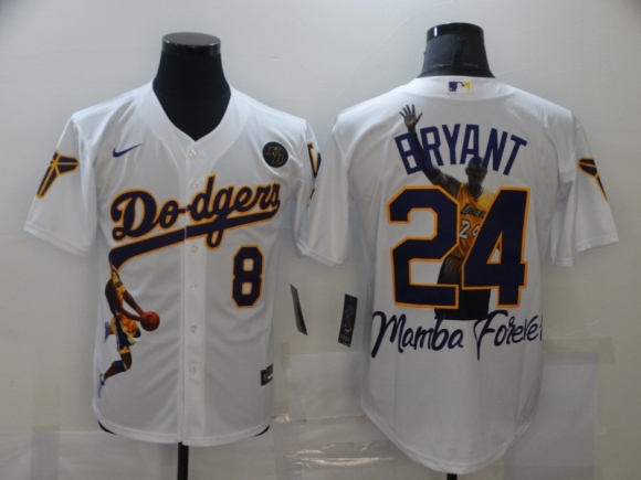 Men Los Angeles Dodgers Front #8 Back #24 Kobe Bryant White MLB With KB Patch Cool Base Stitched Jersey