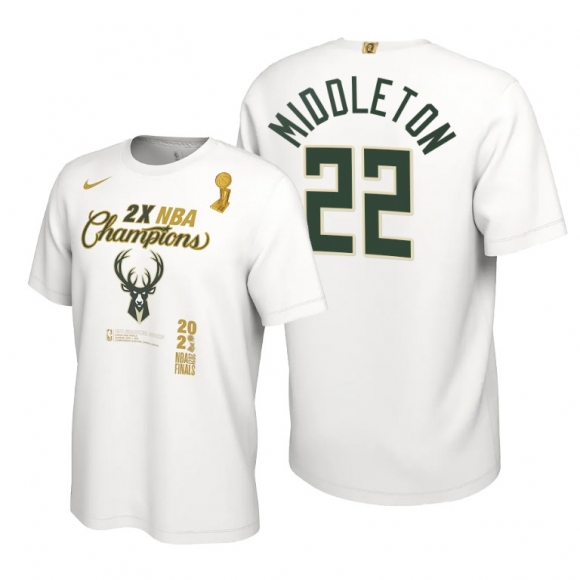 Men Milwaukee Bucks #22 Khris Middleton 2021 White Finals Champions Locker Room T-Shirt