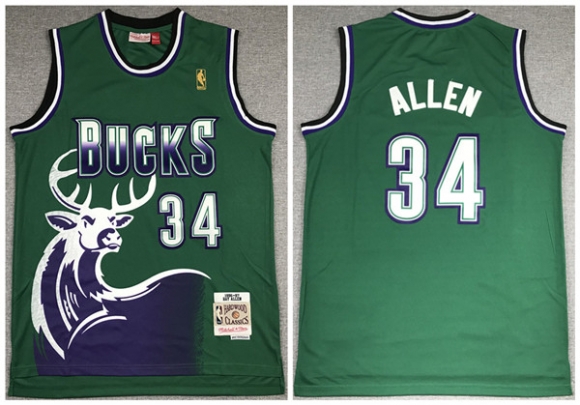 Men Milwaukee Bucks #34 Ray Allen 1996-1997 Green NBA Throwback Stitched Jersey