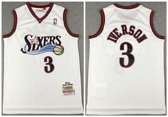 Men Philadelphia 76ers #3 Allen Iverson White Throwback Stitched Jersey