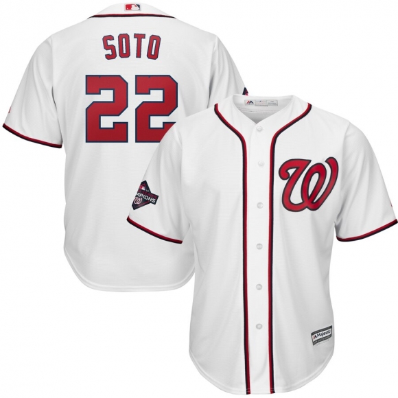 Washington Nationals #22 Juan Soto Majestic 2019 World Series Champions Home Cool Base Patch Player Jersey White