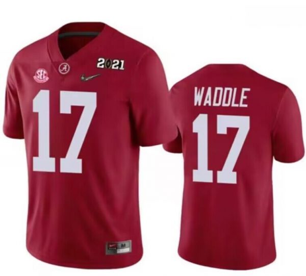 Men Alabama Crimson Tide #17 Jaylen Waddle Red 2021 Patch Stitched Football Jersey