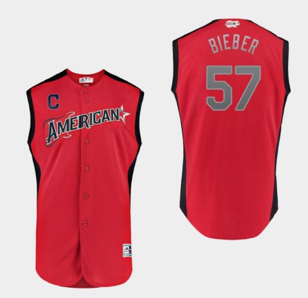 Men American League #57 Shane Bieber Red 2019 All-Star Game Stitched Baseball Jersey