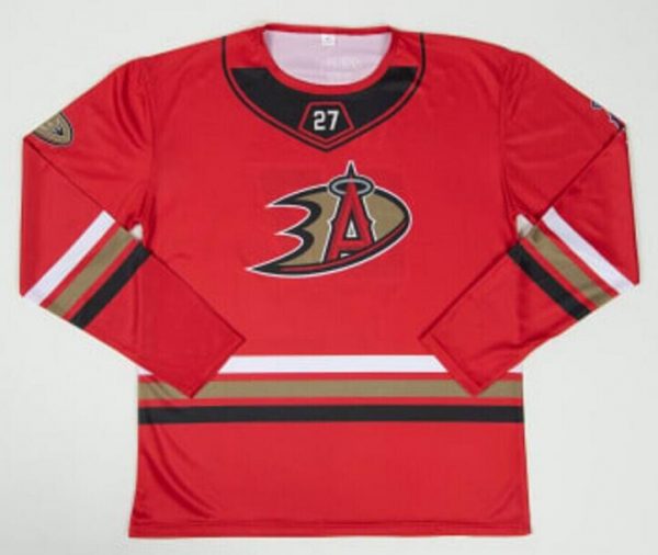 Men Anaheim Ducks X Los Angeles Angels #27 Mike Trout Red Stitched Jersey