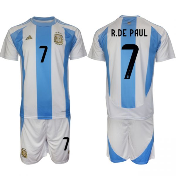 Men Argentina #7 Rodrigo Javier De Paul White/Blue 2024-25 Home Soccer Jersey Suit