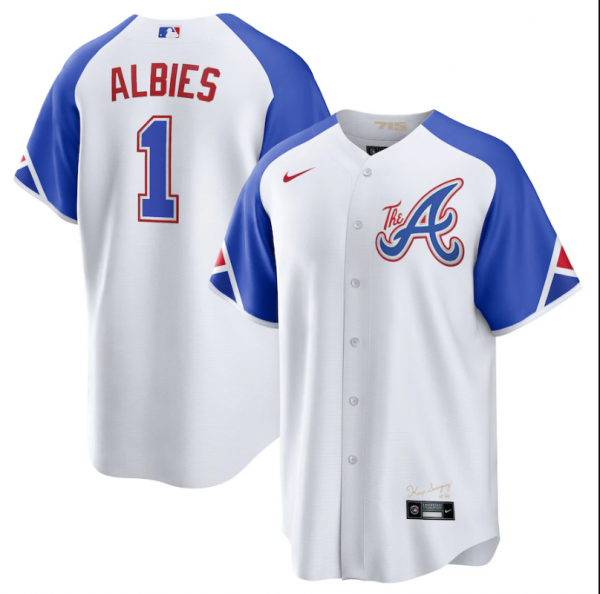 Men Atlanta Braves #1 Ozzie Albies White 2023 City Connect Cool Base Stitched Baseball Jersey