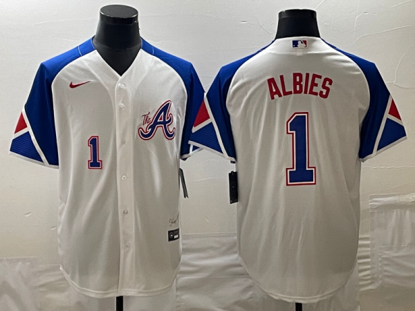 Men Atlanta Braves #1 Ozzie Albies White 2023 City Connect Cool Base With Patch Stitched Baseball Jersey