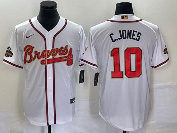 Men Atlanta Braves #10 Chipper Jones 2022 White/Gold World Series Champions Program Cool Base Stitched Baseball Jersey
