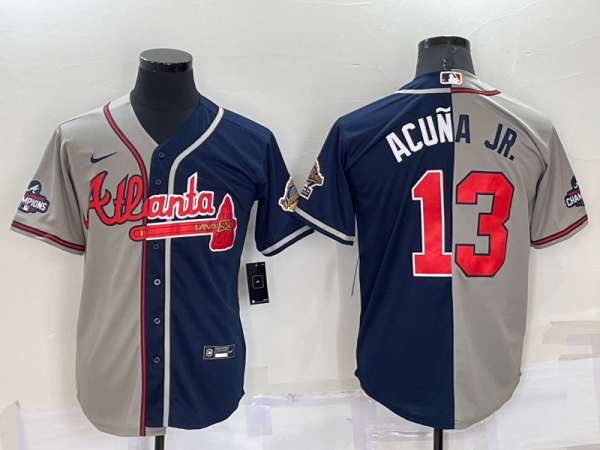 Men Atlanta Braves #13 Ronald Acuna Jr. Gray Navy Two Tone Split Cool Base Stitched Baseball Jersey