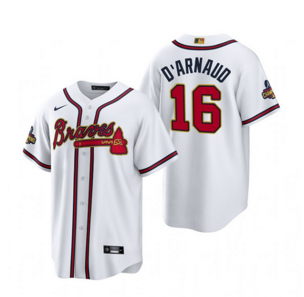Men Atlanta Braves #16 Travis d'Arnaud White 2022-23 Gold Cool Base Stitched Baseball Jersey