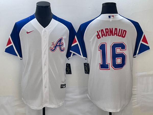 Men Atlanta Braves #16 Travis d'Arnaud White 2023 City Connect Cool Base Stitched Baseball Jersey