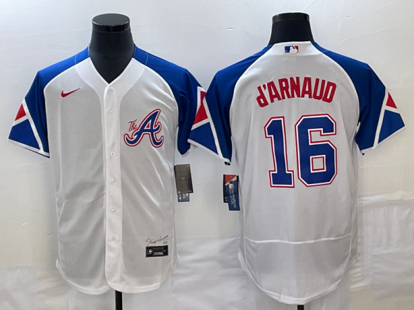 Men Atlanta Braves #16 Travis d'Arnaud White 2023 City Connect Flex Base Stitched Jersey
