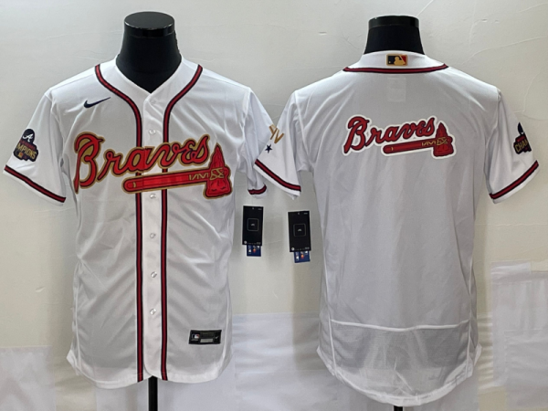 Men Atlanta Braves 2022 White Gold World Series Champions Program Team Big Logo Flex Base Stitched Jersey