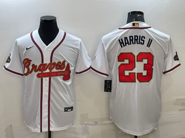 Men Atlanta Braves #23 Michael Harris II White/Gold World Series Champions Program Cool Base Stitched Baseball Jersey