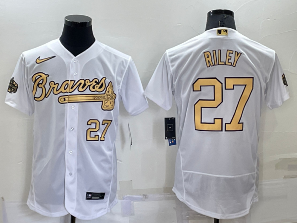 Men Atlanta Braves #27 Austin Riley 2022 All-Star White Flex Base Stitched Baseball Jersey