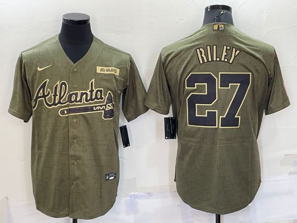 Men Atlanta Braves #27 Austin Riley Camo Salute To Service Cool Base Stitched Jersey