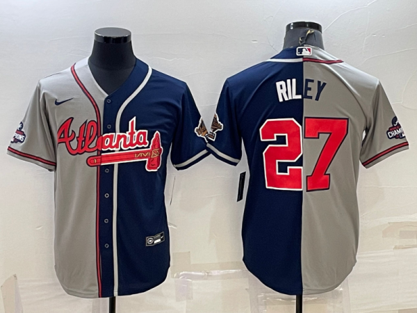Men Atlanta Braves #27 Austin Riley Gray Navy Two Tone Split Cool Base Stitched Baseball Jersey
