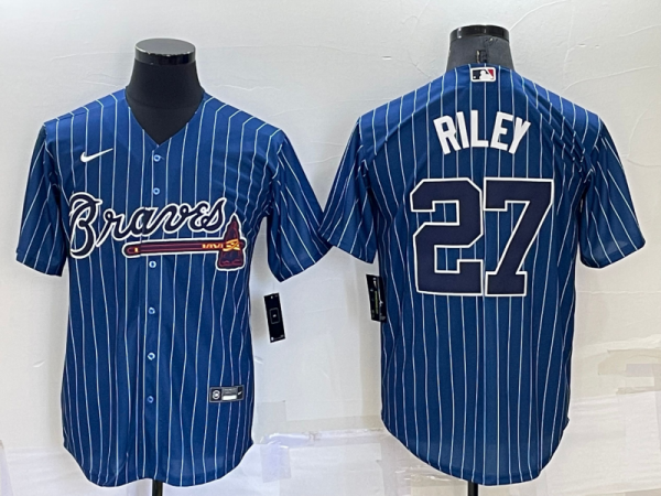 Men Atlanta Braves #27 Austin Riley Navy Cool Base Stitched Baseball Jersey