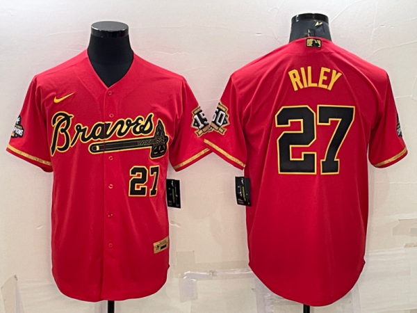 Men Atlanta Braves #27 Austin Riley Red Gold Cool Base Stitched Baseball Jersey