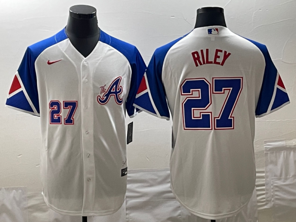 Men Atlanta Braves #27 Austin Riley White 2023 City Connect Cool Base With Patch Stitched Baseball Jersey