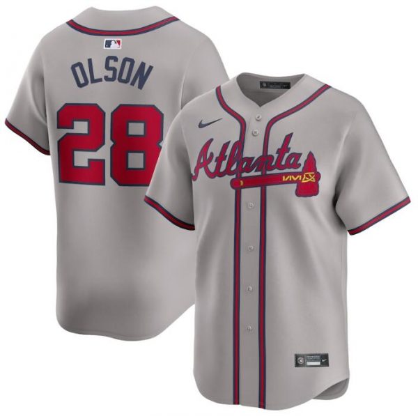 Men Atlanta Braves #28 Matt Olson Grey 2024 Away Limited Stitched Baseball Jersey