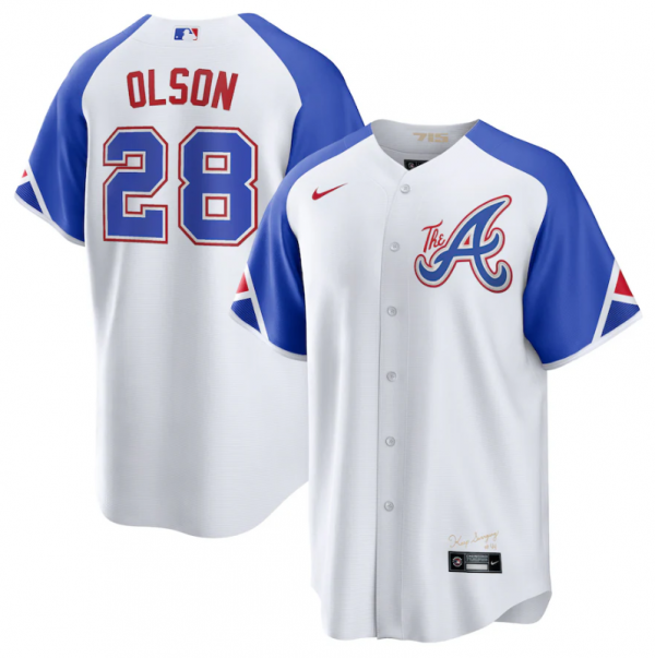 Men Atlanta Braves #28 Matt Olson White 2023 City Connect Cool Base Stitched Baseball Jersey